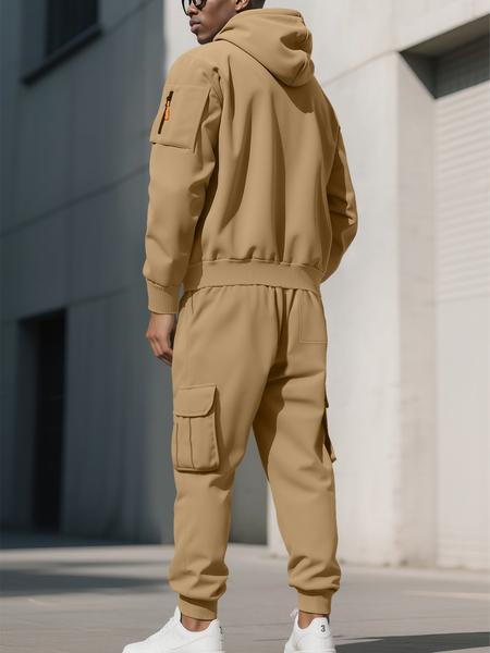 Men's Fall & Winter Hooded Casual Tracksuit Set: featuring a zip-front hooded design, cargo pants with multiple pockets, and warm long-sleeve jacket paired with pants. Ideal for cold weather wear.