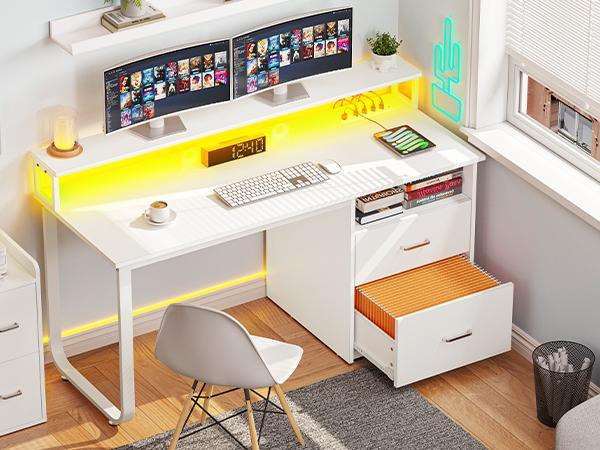 DWVO Computer Desk with Drawers, 55" Office Desk with Power Outlets & LED Light, Home Office Desk with Storage Shelves