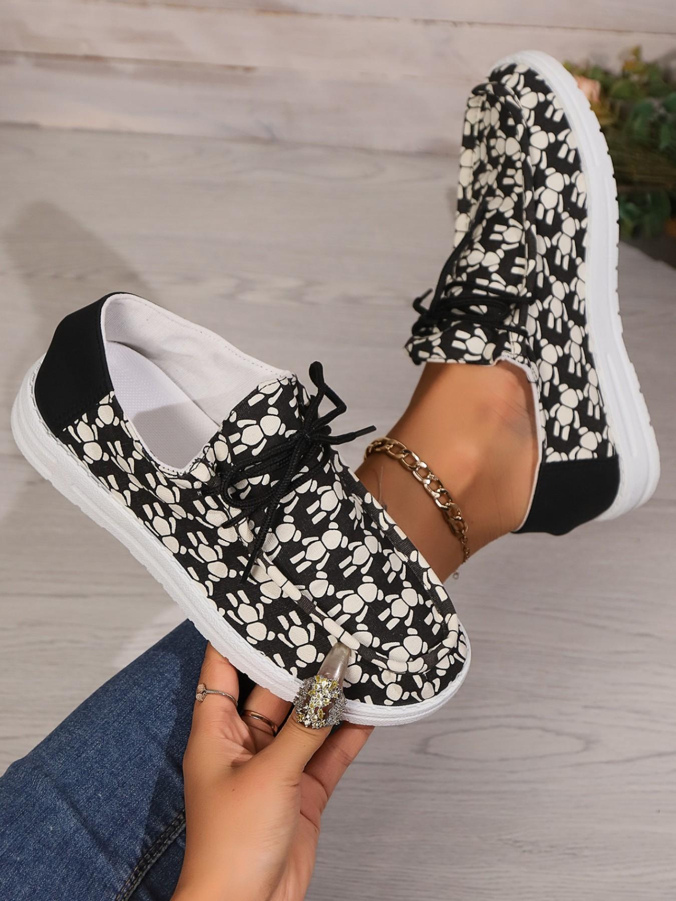 Women's Fashion Print Lace-Up Sneakers, One-Step Slip-On, Comfortable Breathable Outdoor Walking Shoes, Round Toe Casual Daily Wear-