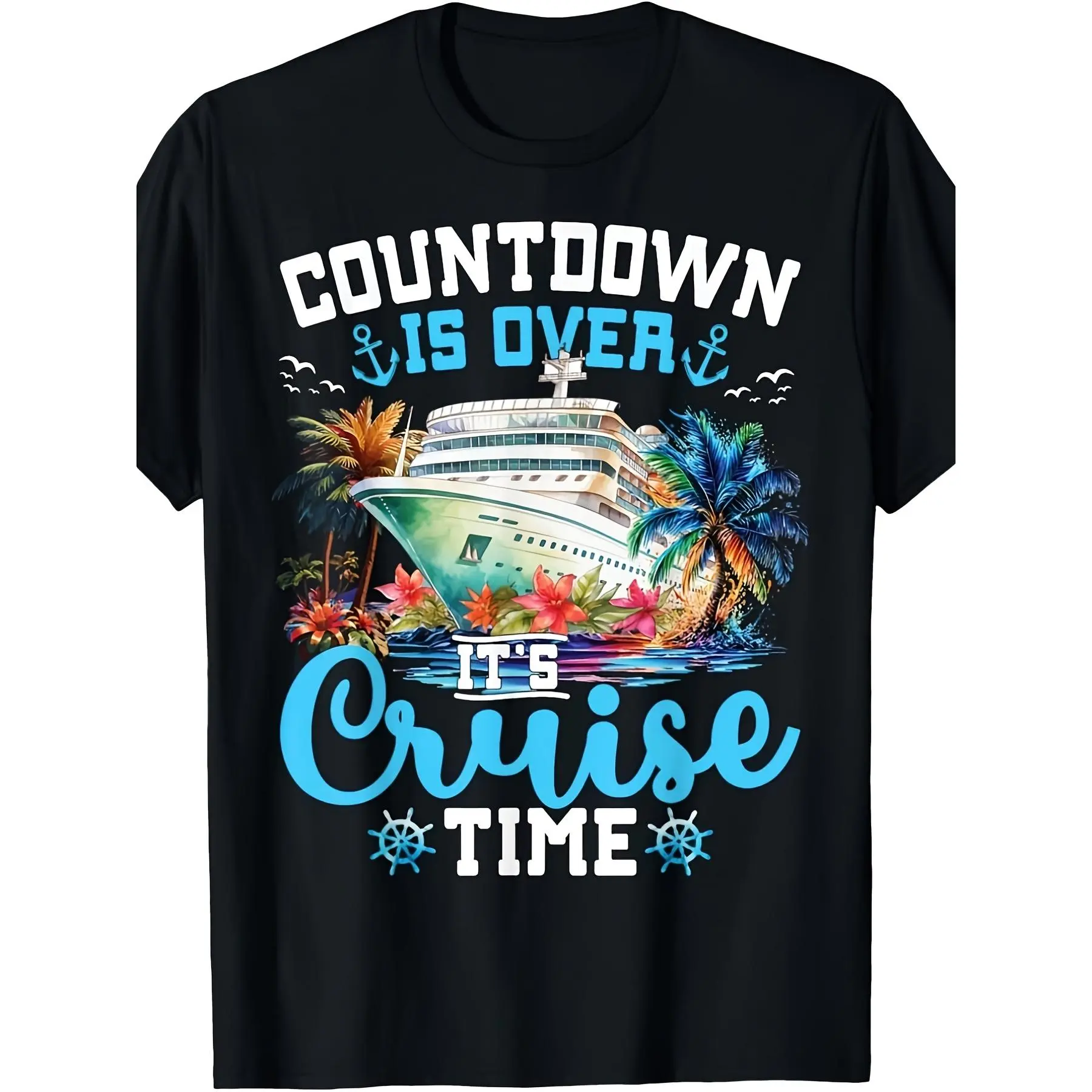 Men'S Unisex Cruise Time T-Shirt, Fit Crew Neck with Vibrant Cruise Ship And Tropical Palm Tree Graphic, "Countdown Is Over, It'S Cruise Time" Slogan, Soft Breathable All-Season Retro Casual Printed T-Shirt
