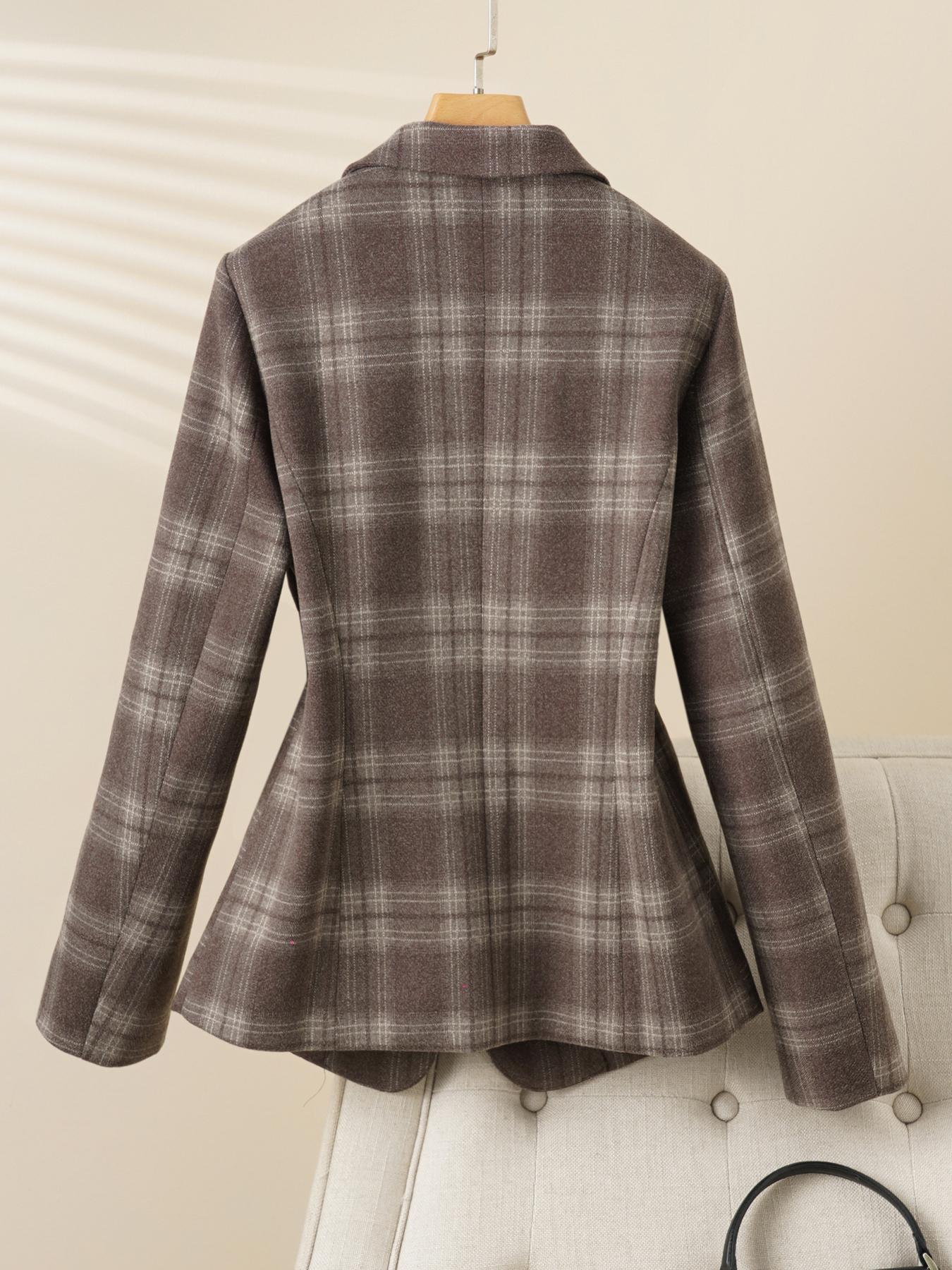 Women's Plaid Wool Blend Jacket, Fitted Long Sleeve Coat for Autumn Winter, Fashionable Commuter Outerwear, Warm Office Wear, Trendy Blazer