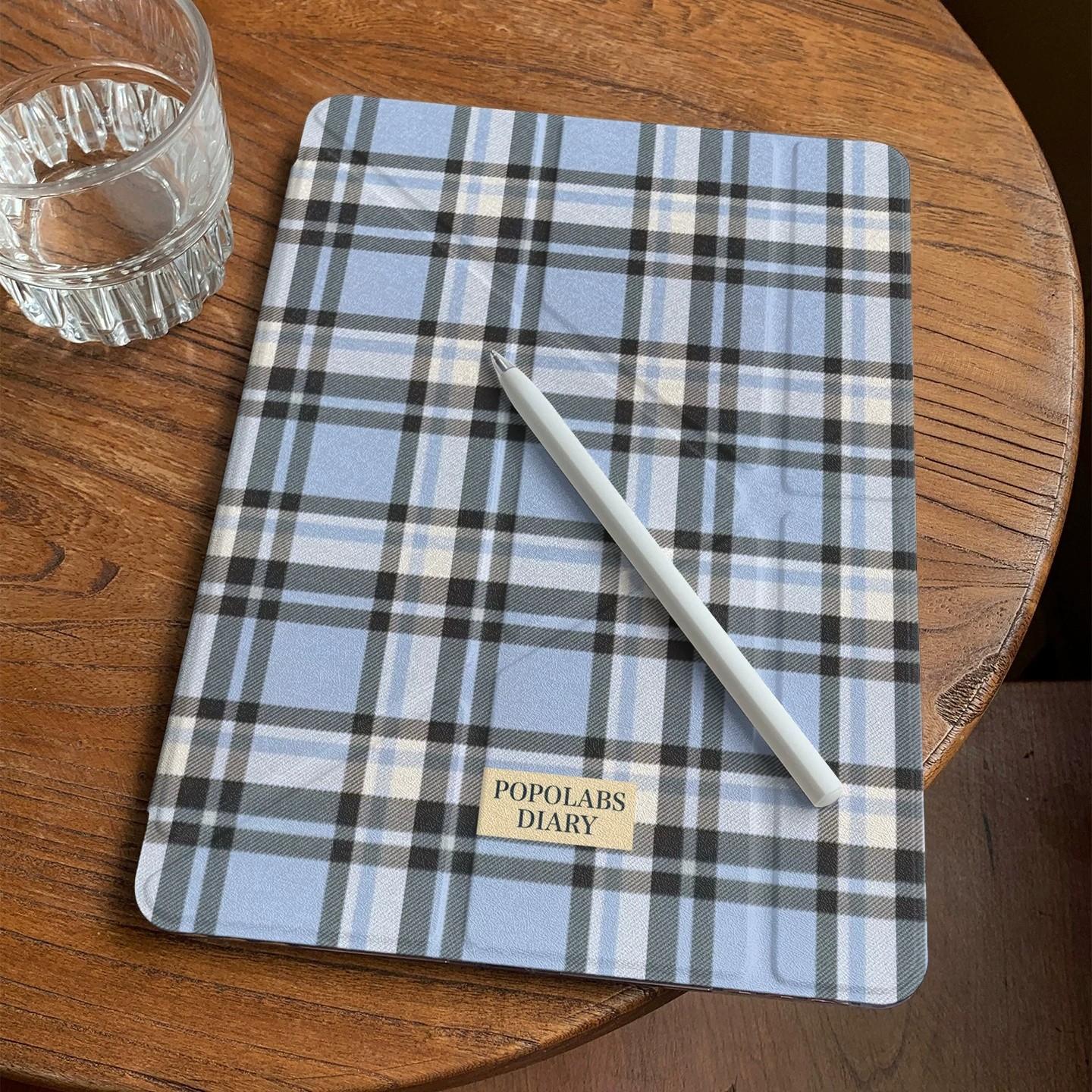 Blue Plaid Spot Dog Y-Type Foldable Stand iPad Case, Transparent Anti-Drop Back Cover with Pen Slot, Fits iPad 10/9/8/pro 11/air 3-5