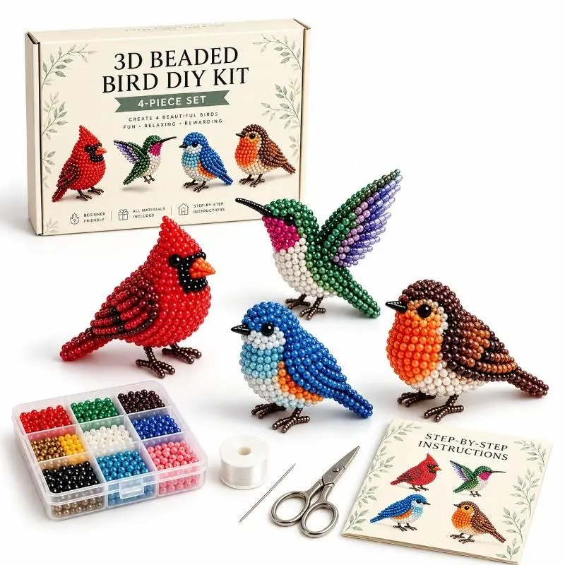 2026 New Tiny 3D Beaded Bird DIY Kit – Bead Embroidery Craft Kit, 3D Bird Themed Beadwork for Beginners, Craft Enthusiasts & Adults