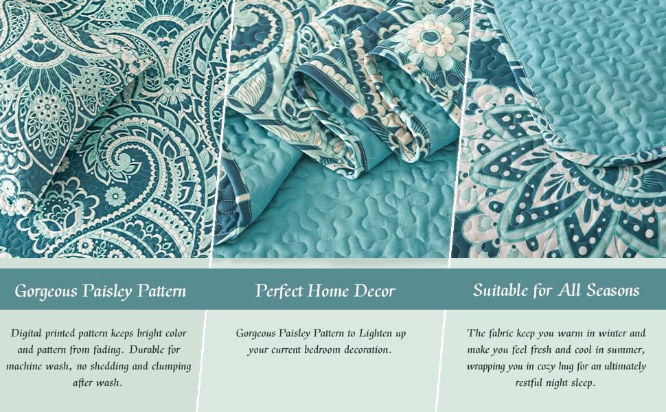 【blackfriday/cybermonday】Whale Flotilla Reversible Paisley Quilts, Lightweight Boho Printed Bedspreads Coverlets Quilt Bedding Set with 2 Pillow Shams for All Seasons