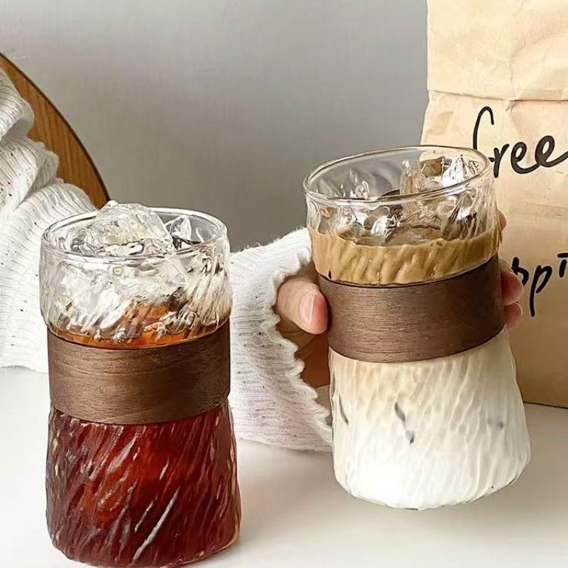 Aesthetic Glacier Textured Borosilicate Glass Tumbler with Wooden Sleeve, Thickened Heat Insulated Coffee Cup, Food Grade BPA Free, Easy Clean, Dishwasher Safe for Iced Coffee Whiskey,Home Office Bar Daily Use, Housewarming Birthday Gift for Coffee Lovers