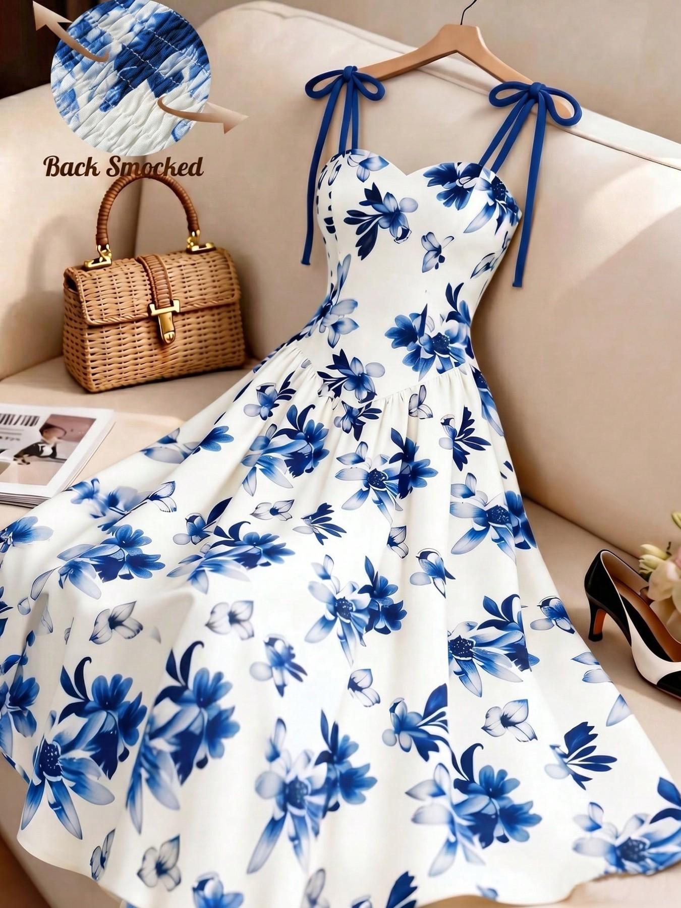 Women's Apricot Brown Floral Print Vintage Spaghetti Strap A-Line Dress, Evening Party Formal Dress, Summer Elegant Flowy French Bohemian Dress for Beach Music Festival Holiday