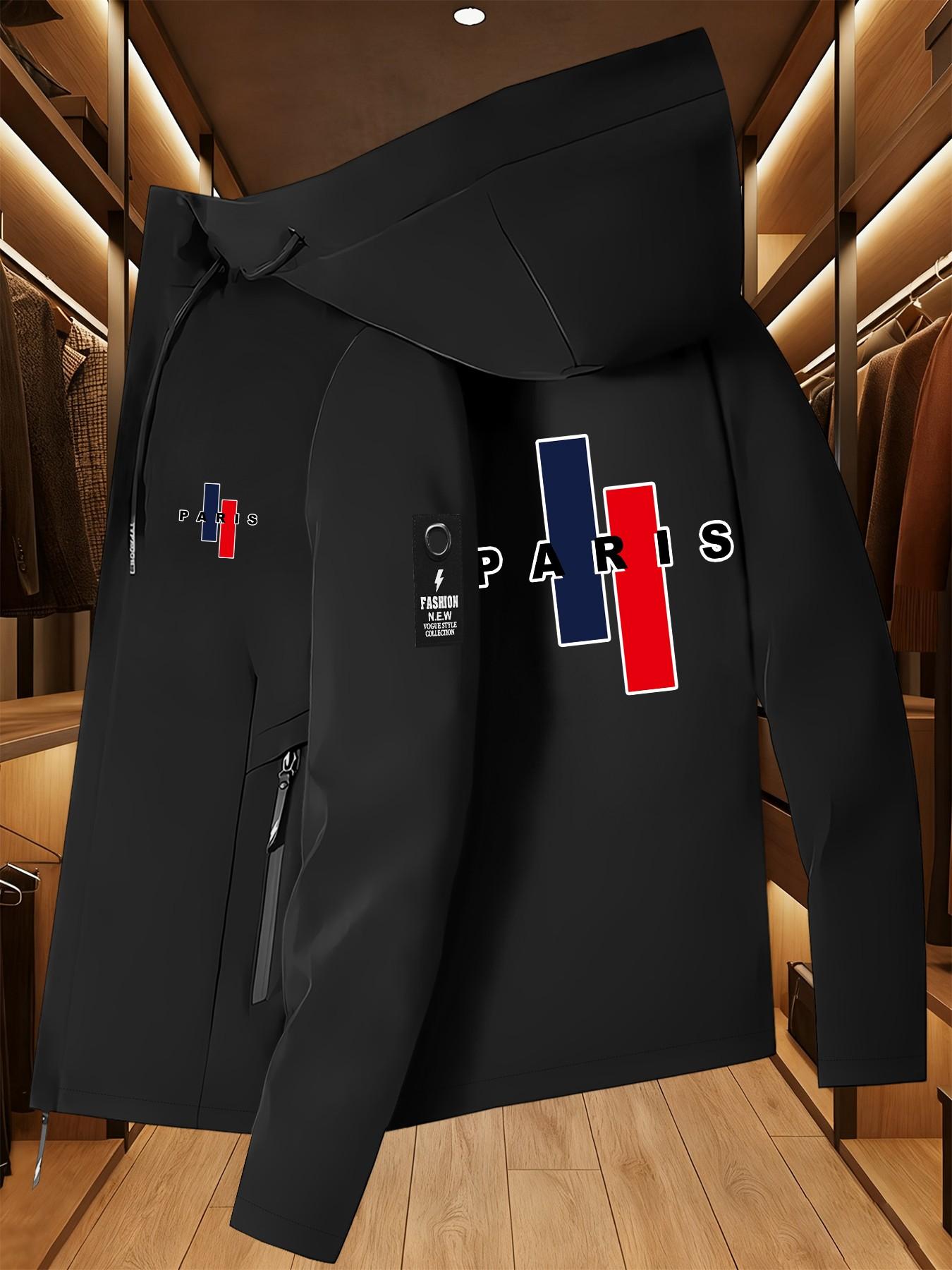 Paris Letter Print Jacket, French Flag Color Hooded Windbreaker, Casual Long Sleeve Loose-Fit Top, Geometric Pattern, All Seasons