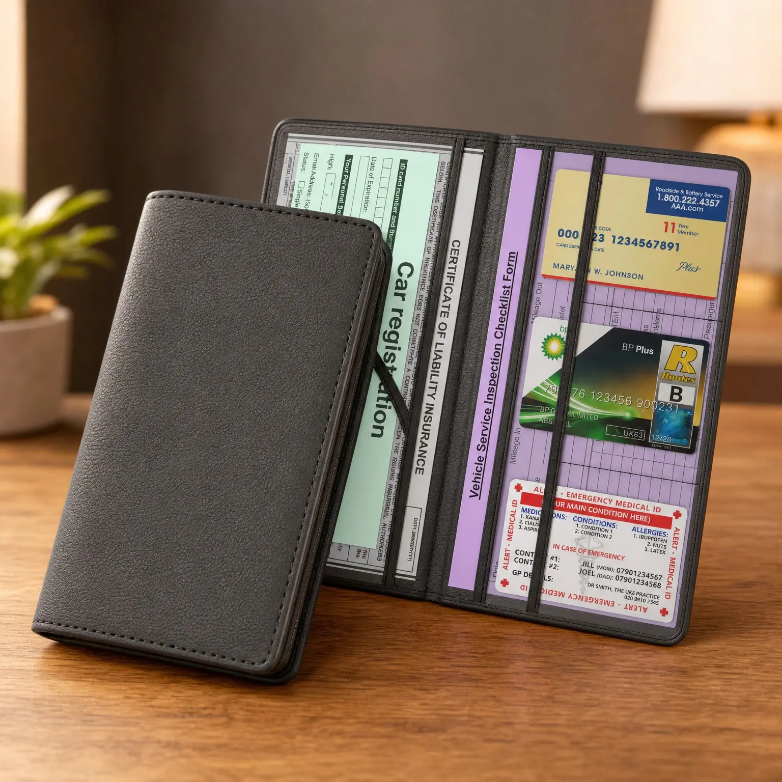 Car Registration and Insurance Card Holder, Black Premium PU Leather Folder, Magnetic Slim Glove Box Document Organizer with 6 Pockets, 9.5 x 5.1 in, Fits Driver License, Vehicle Papers, Emergency Card