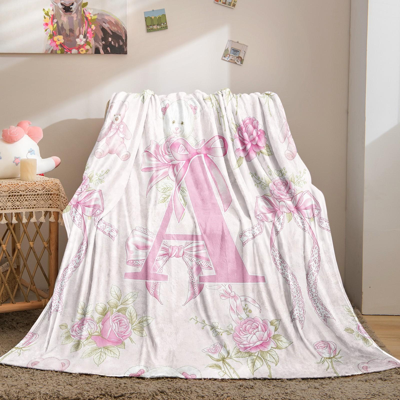 Pink Coquette Initial Letter Throw Blanket, Soft Fuzzy Plush, Teddy Bear & Rose Floral, Girly Bow Print, Lightweight for Couch Bed Office, All Seasons, Aesthetic Room Decor, Perfect Gift