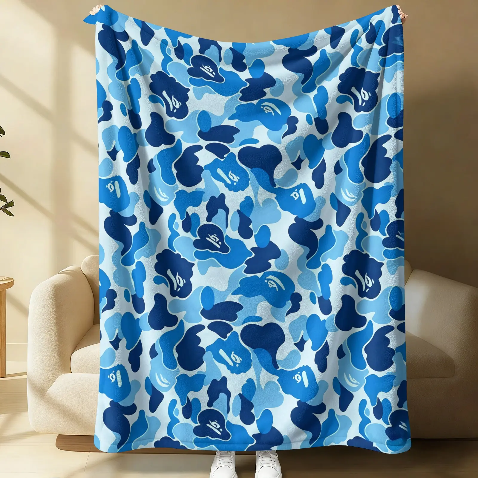 Blue Tone Cartoon Ape Dark Pattern Camouflage Flannel Cozy Blanket, Soft Plush Lightweight Durable, Ideal for Boys Bedroom Dorm Gaming Room Decor, Sofa Blanket, Office Nap Mat, Car Cover Throw, Trendy Cool Gift