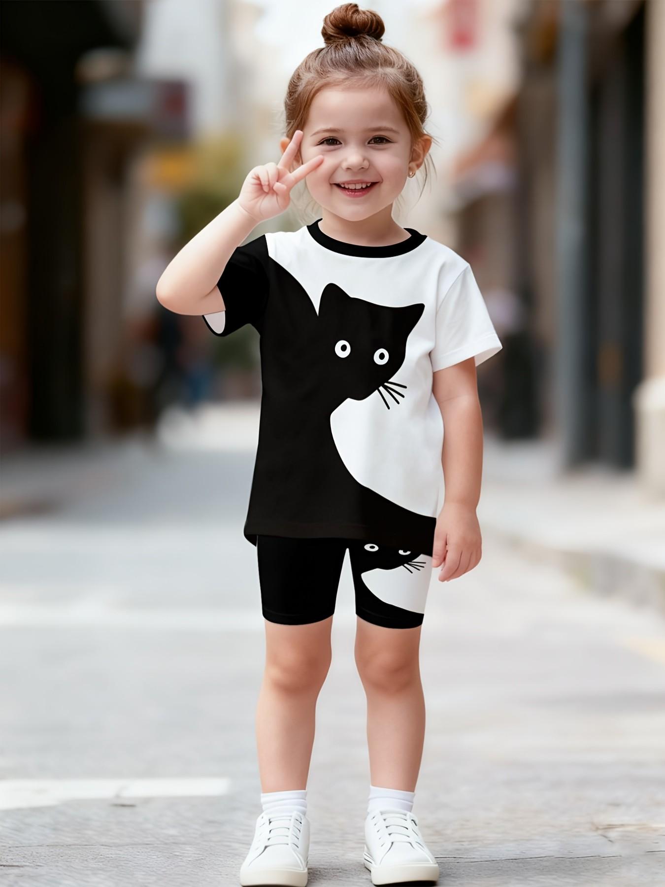 Korean Style Girls Cartoon Cat Colorblock Short Sleeve & Biker Shorts Set Summer Soft Kids 2Pcs