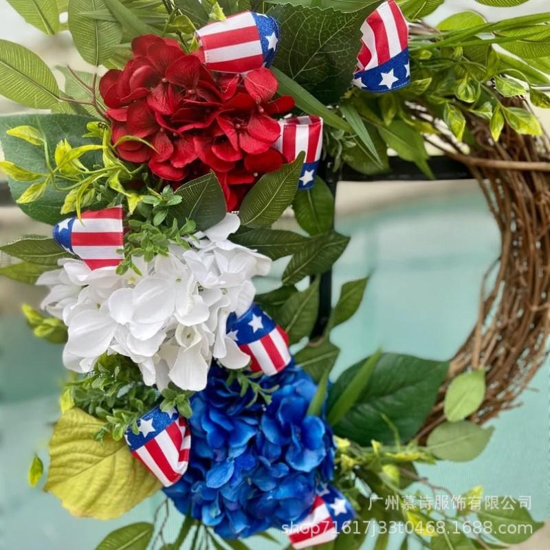 Patriotic Theme Artificial Hydrangea Woven Garland, Blue Hydrangeas with American Flag Design, Rural Cottage Style, Outdoor Decor