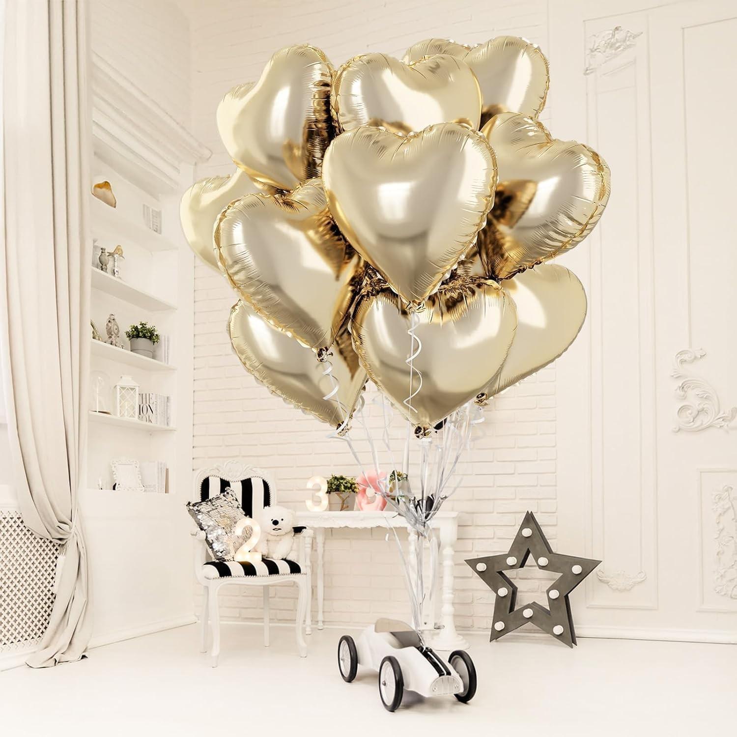 Golden heart-shaped balloon, 18 inch 12 piece set, gold foil heart-shaped balloon with 2 accessories, suitable for birthday parties, weddings, baby parties