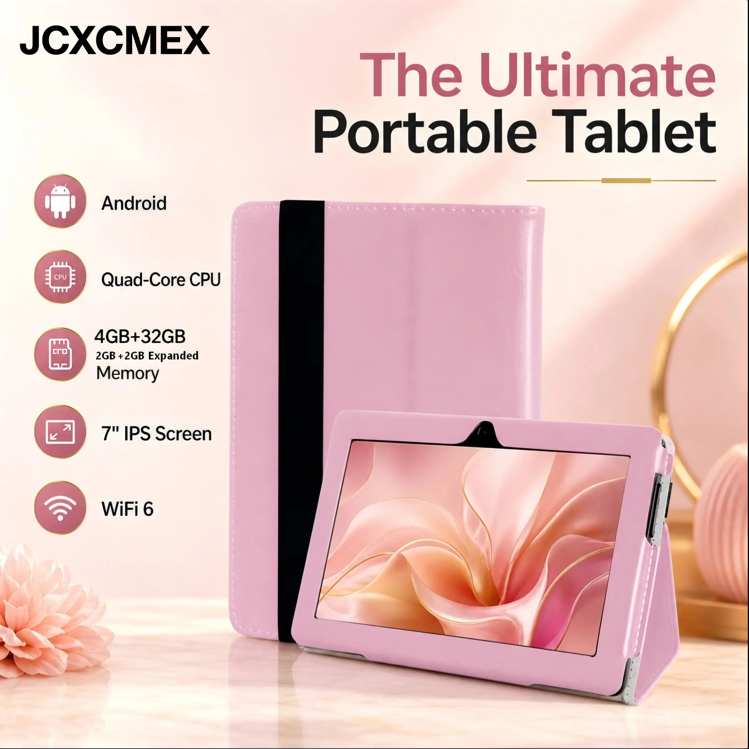 JCXCMEX，7 Inch，Android 14 Tablet, Quad-Core Processor, 4GB（2GB+2GB Expanded）RAM, 32GB Storage, 3500mah Battery, IPS Display, Dual Cameras, Wi-Fi 6