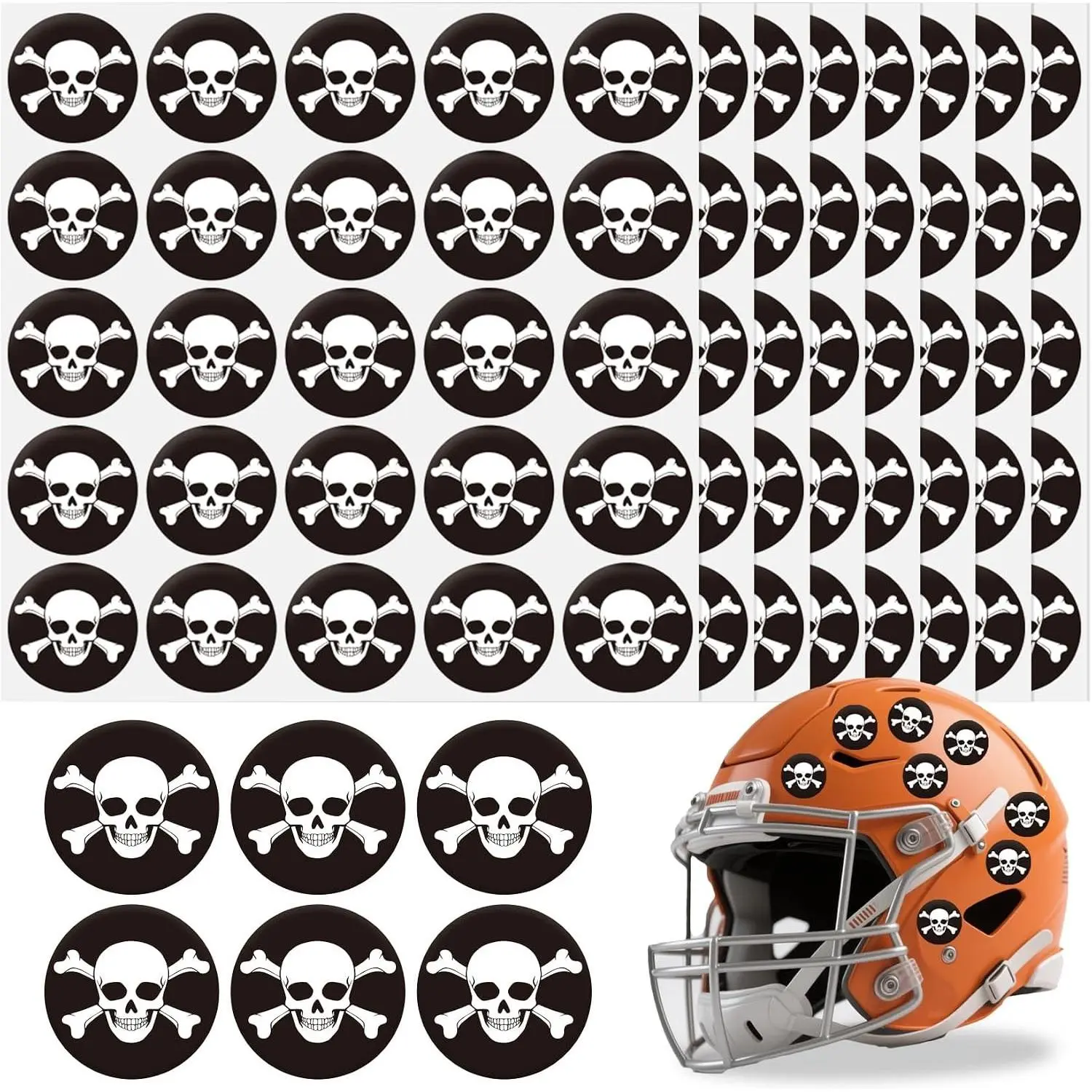 Skull Helmet Stickers, 200 Pcs Youth Football Helmet Stickers, 1-1/8 Inches Vinyl Self Adhesive Helmet Award Decals for Football Baseball Hockey Softball Sport Event Rewards Supplies,Black Print White