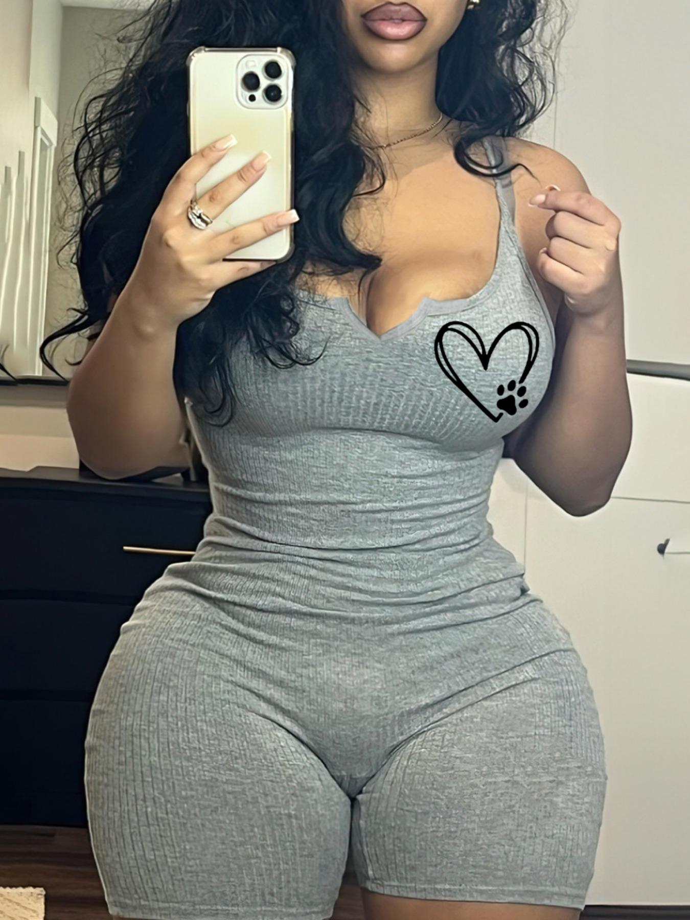 Women's Solid Color / Heart Print Notched Neck Cami Ribbed Romper, Casual Basic Spaghetti Strap Sleeveless High Waist Skinny Romper for Summer, Ladies Clothes for Daily Wear