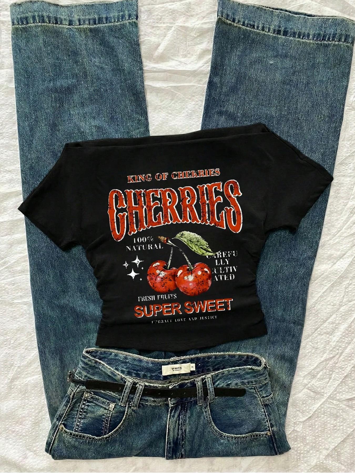 Women's One-Shoulder Cherry Pattern Slim Fit Short Sleeve T-Shirt, Summer Y2K Retro Style, Cute & Sexy Music Festival Top, Fashion