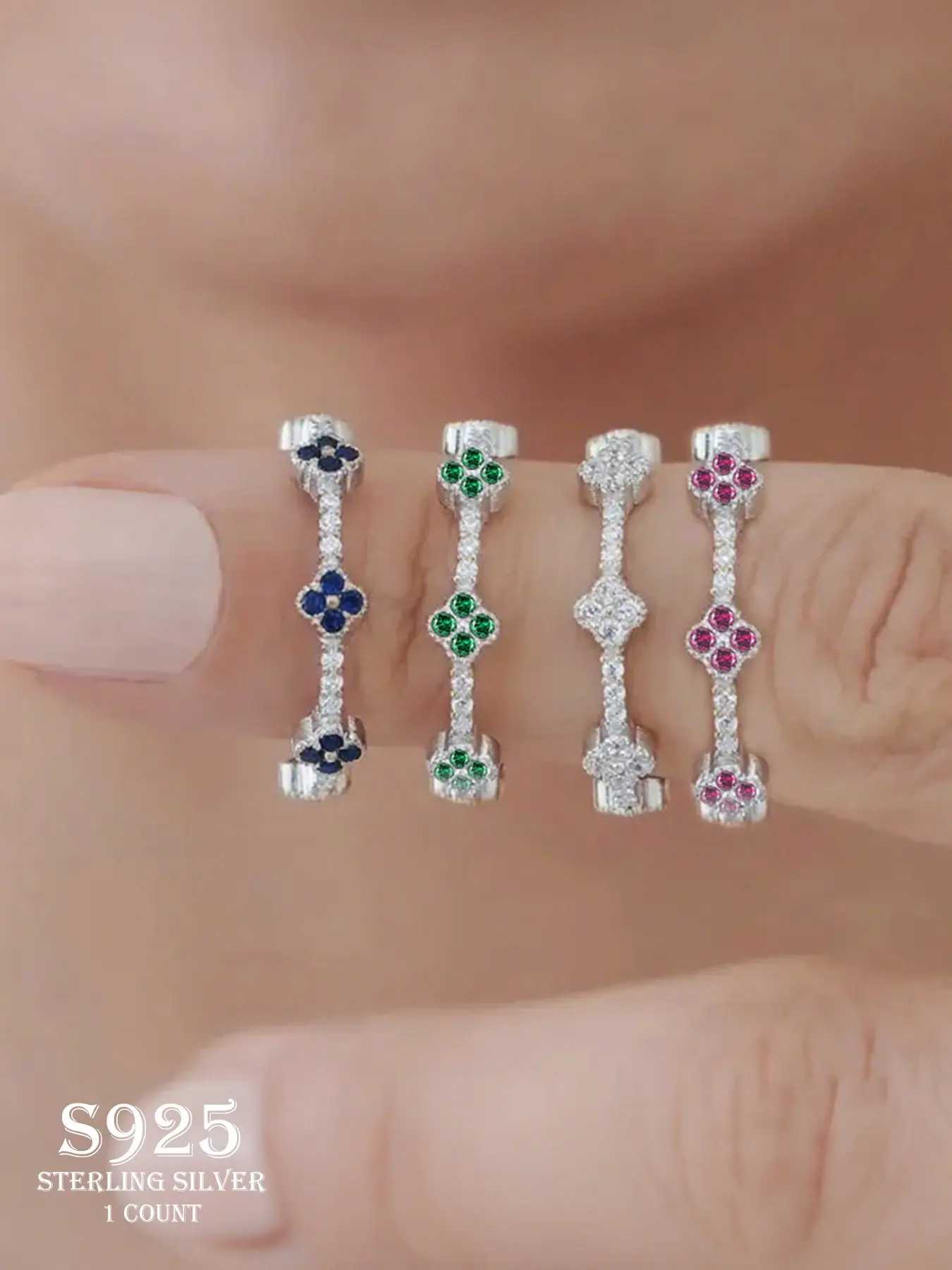 Women's S925 Silver Color Cubic Zirconia Clover Ring, CZ Ring, Four-Leaf Lucky Charm Jewelry Gift for Women, Birthday Valentine's Day Present, Artificial Zircon Ring