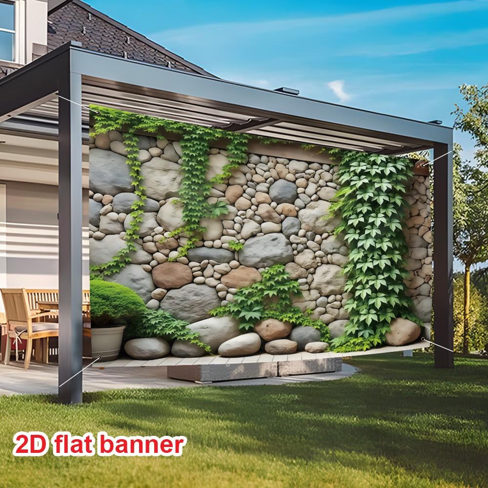 2D Banner, Realistic Stone Wall Plant Background Cloth, Outdoor Garden Courtyard Decoration, Durable Polyester Material, Easy to Hang