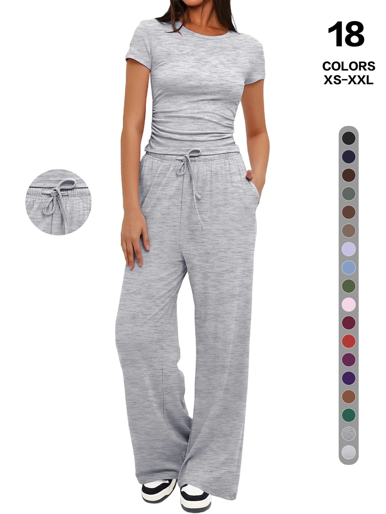 2026 Women's Solid Round Neck Short Tee and Pants, 2- or 6-Piece Set, Casual Comfy Elastic Pajama Set for Women, Cozy Loungewear for Daily Home Wear