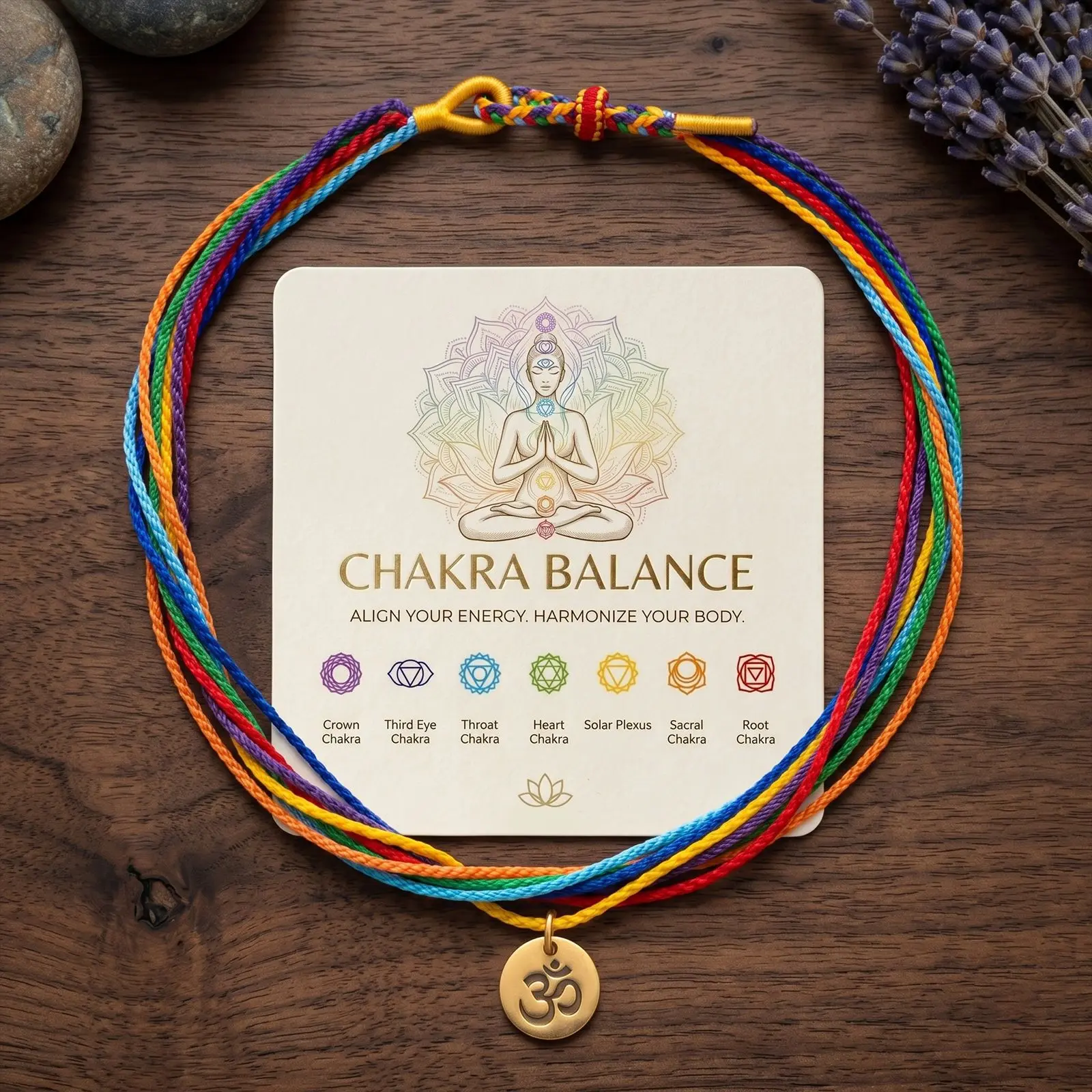 Female Bohemian Sacred OM Pendant Necklace - 7 Chakra Colors Braided Cord, Boho Vibes, Spiritual Healing, Meditation Yoga Jewelry, Mindfulness Everyday Wear, Meaningful Lucky Gift