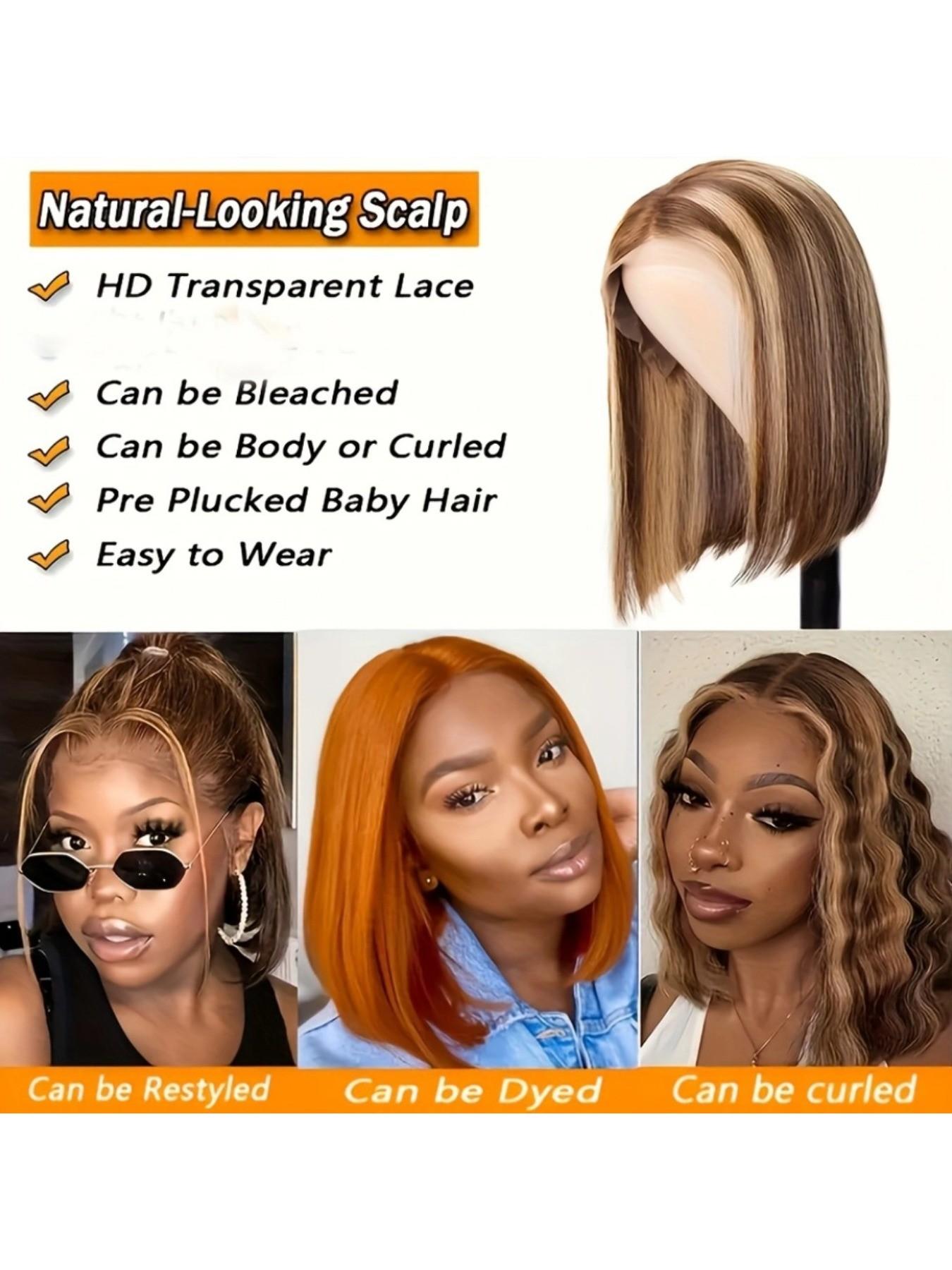 180% Density 13x4 Highlight Ombre Full Lace Frontal Bob Wig Human Hair 12A Brazilian Virgin Human Hair Pre Plucked 4/27 Honey Blonde HD Transparent Lace Glueless Wigs Human Hair