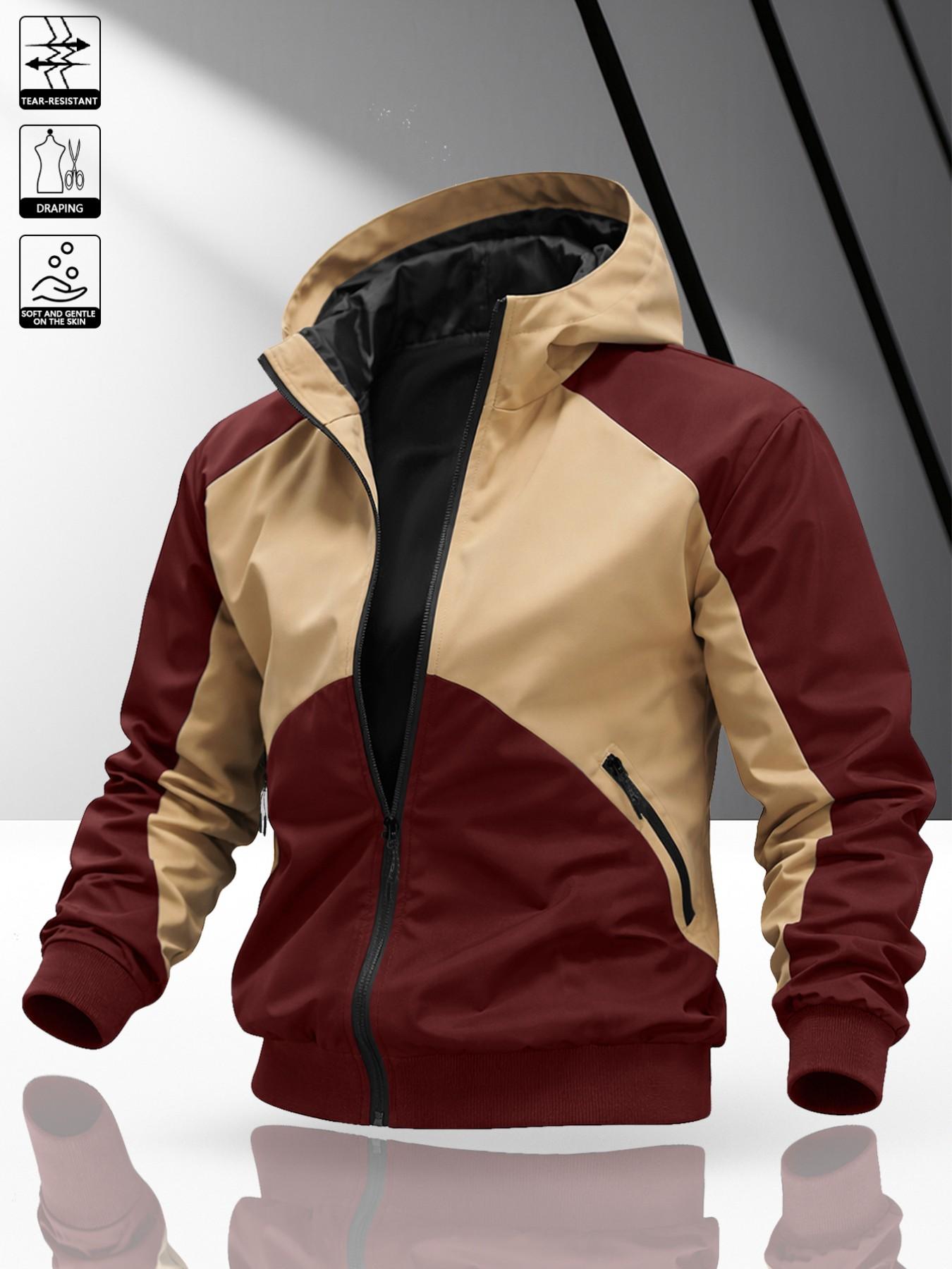 Men's American Style Wine Colorblock Hooded Zipper Jacket, Long Sleeve Loose Fit, All Seasons Casual Outerwear