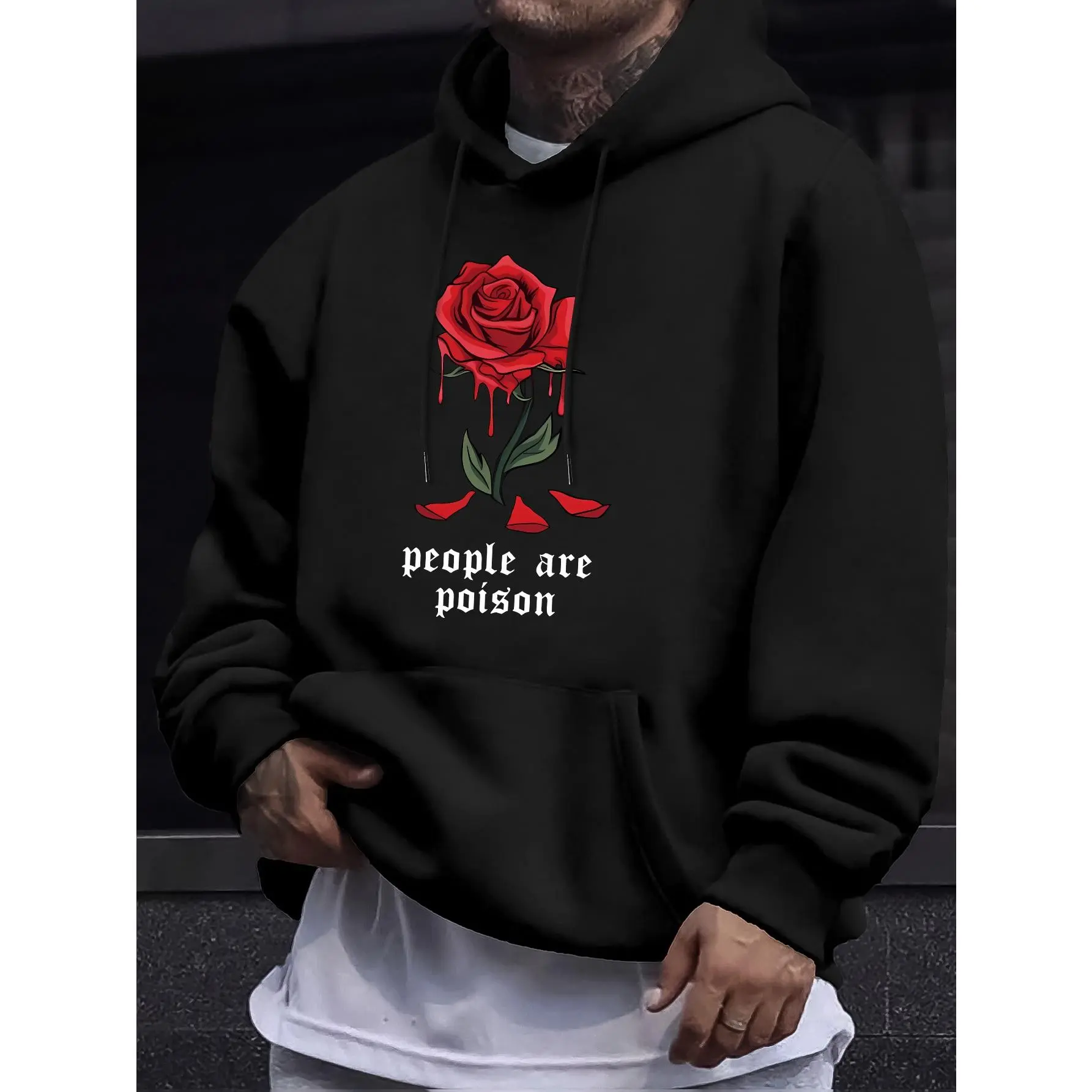 People Are Poison Dripping Red Rose Graphic Hoodie Dark Romantic Grunge Emo Alt Aesthetic Pullover Sweatshirt Oversized Loose‑fit Black Long‑sleeve Hooded Top Gothic Subculture Street‑wear Outerwear