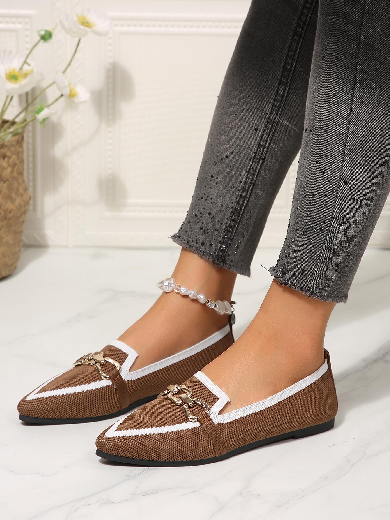 1 Pair Women's  Colorblock Knit Pointed Toe Metal Buckle Flat Loafers, Minimalist Commute Style Breathable Slip-On Shoes, Versatile Elegant Comfortable Professional Footwear for Office Work