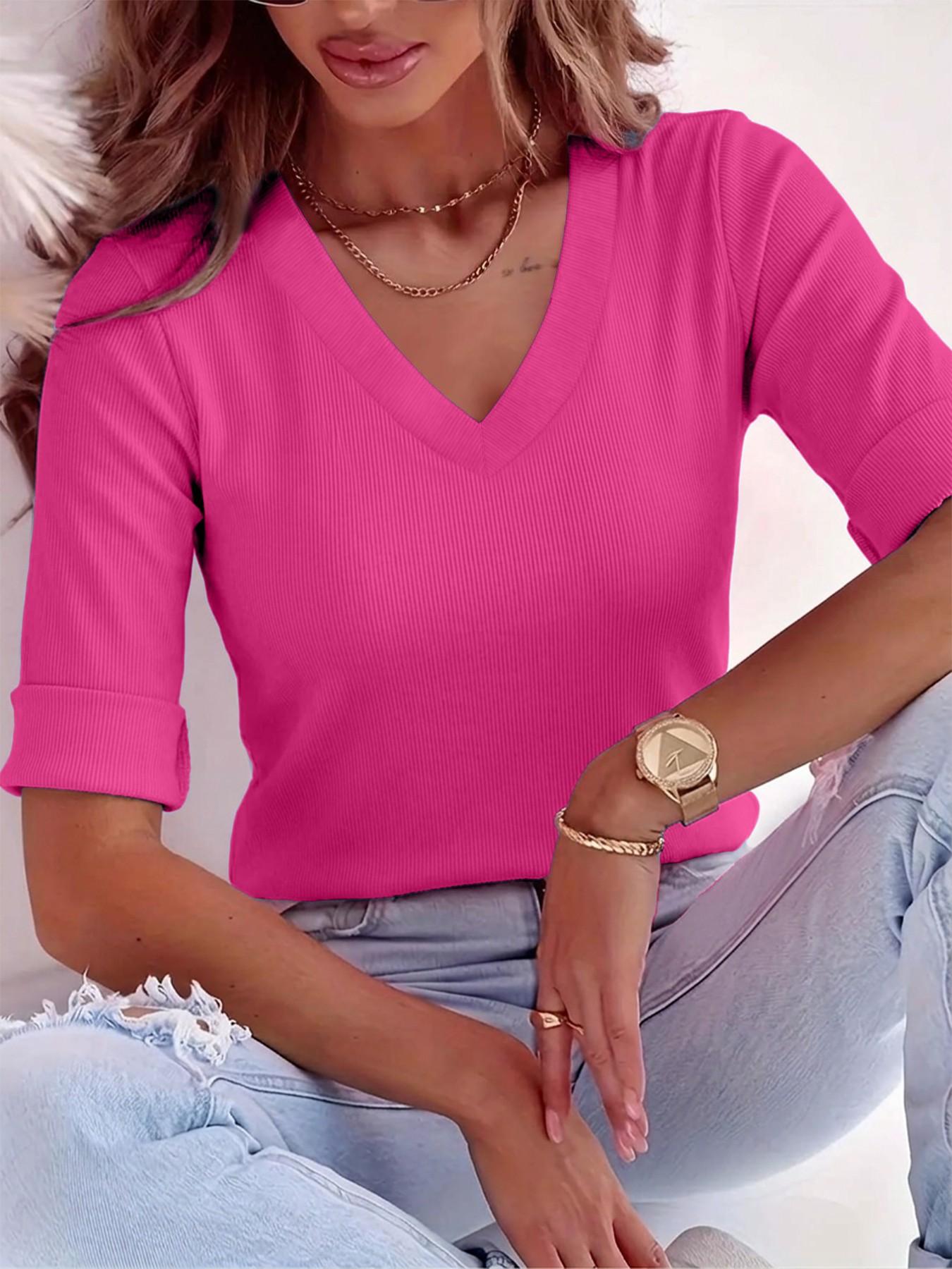 Plus Size Solid V Neck Roll Up Sleeve Tee, Casual Minimalist Streetwear Fitted Soft T-shirt , Women's Plus Clothing for Daily Wear, Everyday Cute Aesthetic Tops, Quality and Durability Jersey, Womenswear