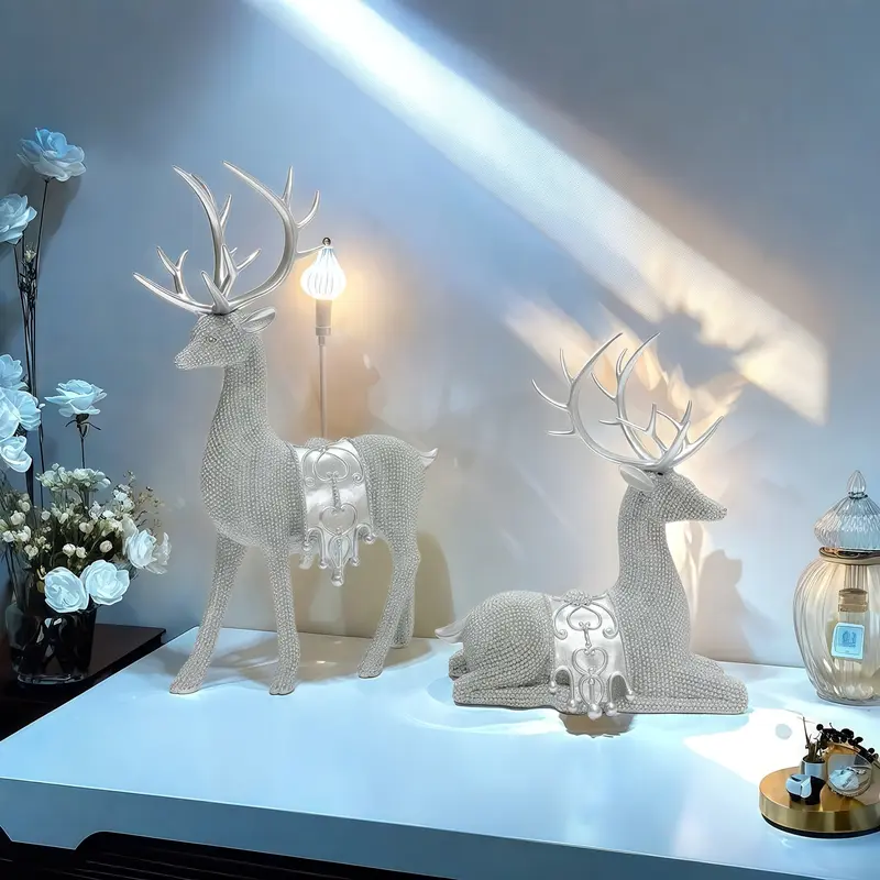 Product Introduction of Artistic Deer Statues Set of 2, Silver Color Glitter Details, Chip Carving Sculptures for Christmas Thanksgiving New Year Home Decor 12