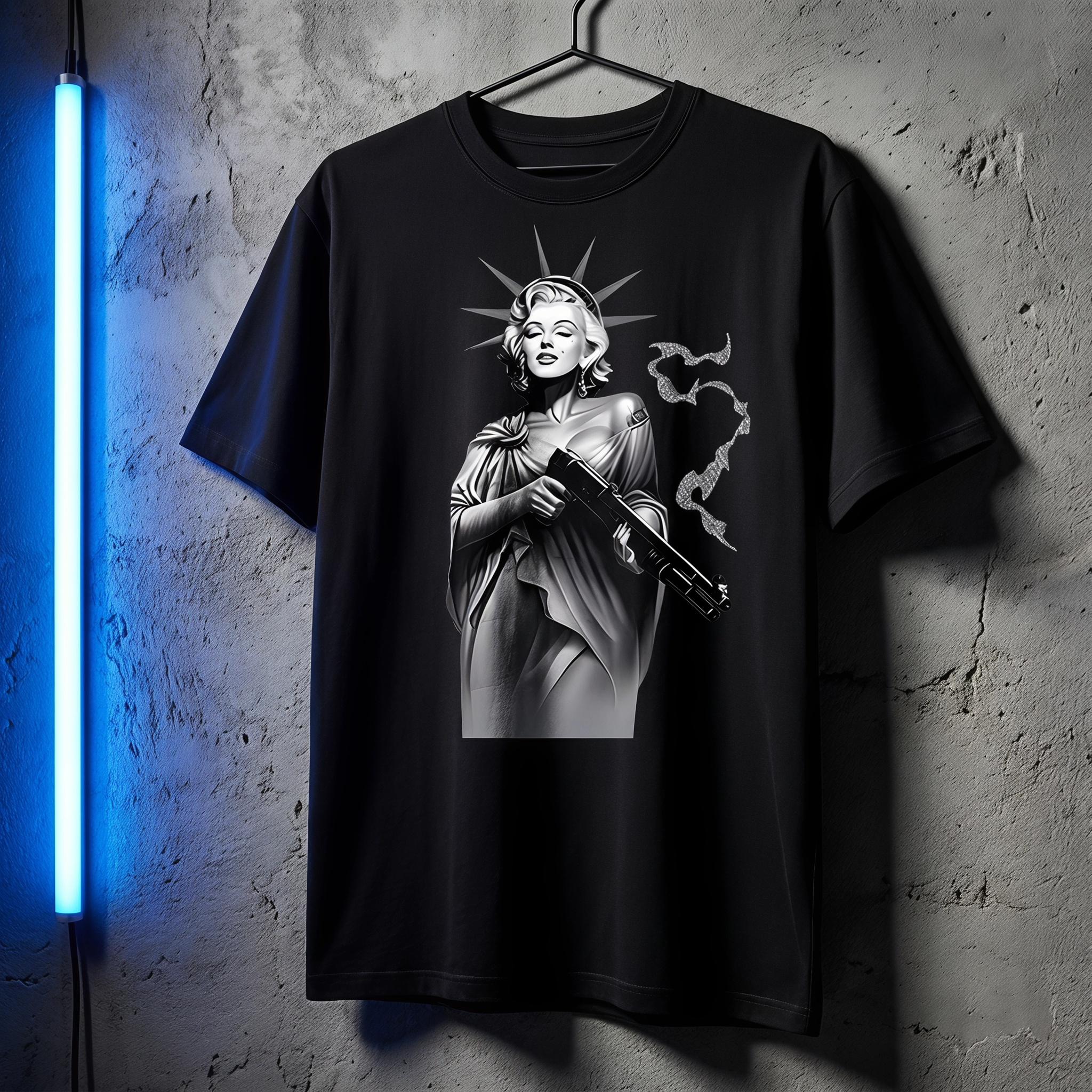 Marilyn Monroe Liberty Statue Hybrid Graphic T-Shirt Short Sleeve, Trendy Streetwear Shirt, Art Portrait Print Oversized Cotton Graphic Tees Hip Hop Trendy Streetwear Shirt Retro Gangster Unisex Tee
