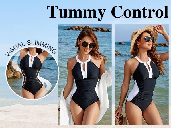 BMJL Plus Size Full Coverage Retro Color Block Swimwear Women Tummy Control Modest One Piece Swimsuit