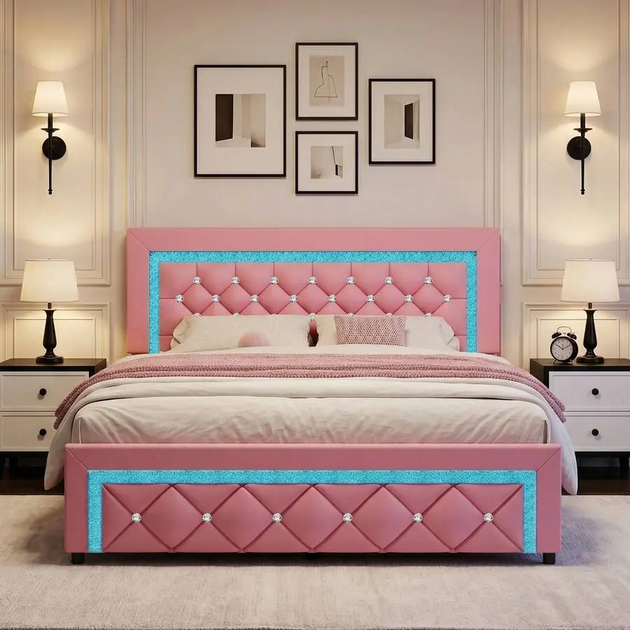 LED Bed Frame With Headboard And Footboard, Upholstered Bed Frame  With Diamond Tufted Headboard, No Box Spring Needed, Noise Free, Easy Assembly, Black/ White/ Pink, Twin/ Full/ Queen ( USB LED Strip)