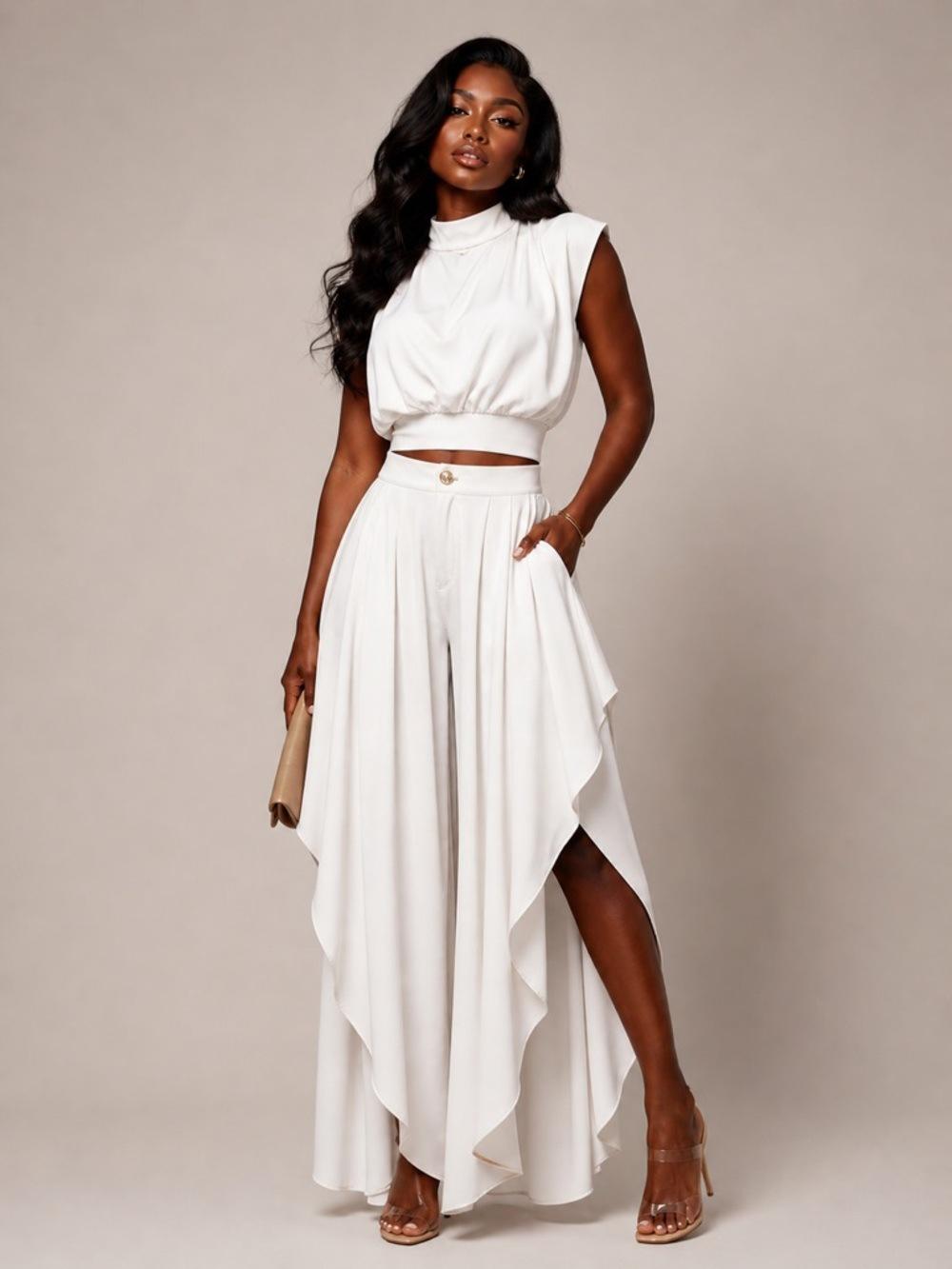 Women's 2-Piece Loose French Minimalist Summer Clothing Set - High-Neck Sleeveless Crop Top, Asymmetric Ruffled Wide-Leg Polyester Blend Pants, Oversized, Basic