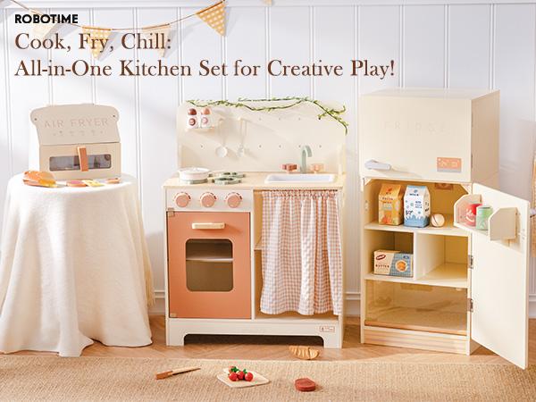 Play Kitchen Toy Fridge Fryer - Wooden Toy Refrigerator with Accessories, Pretend Play Kitchen Set for Kids & Toddlers, Freezer with Play Food for Ages 3+