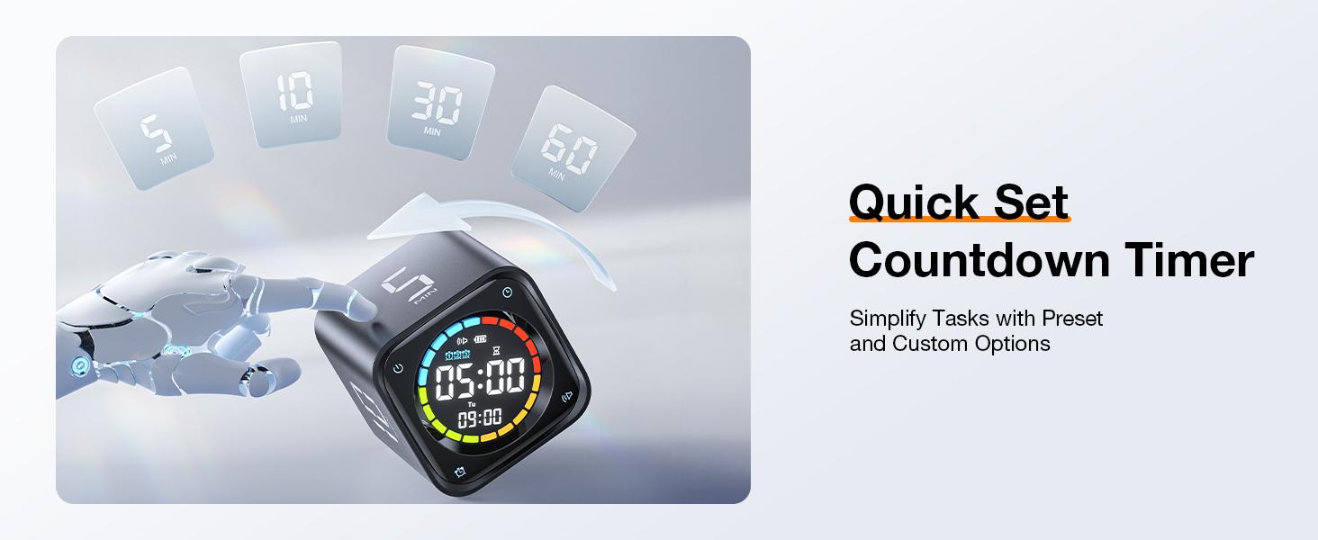 TK3 Pomodoro Timer Cube, Desk Productivity Timer with 5/10/30/60 Min Presets, Custom Countdown, Stopwatch, Clock, 3 Alarm, Silent, Vibrate & Sound Alert, for Task, ADHD, Study, Kitchen, Black TK3 Pomodoro Timer Cube, Desk Productivity Timer with 5/10/30/60 Min Presets, Custom Countdown, Stopwatch, Clock, 3 Alarm, Silent, Vibrate & Sound Alert, for Task, ADHD, Study, Kitchen, Black