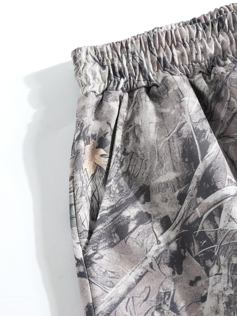 Women's Vintage Street Style Camo Knit Loose Sports Pants, Drawstring Waist, Summer Branch Print, Casual Wide Leg, All Seasons, Camo Sweatpants