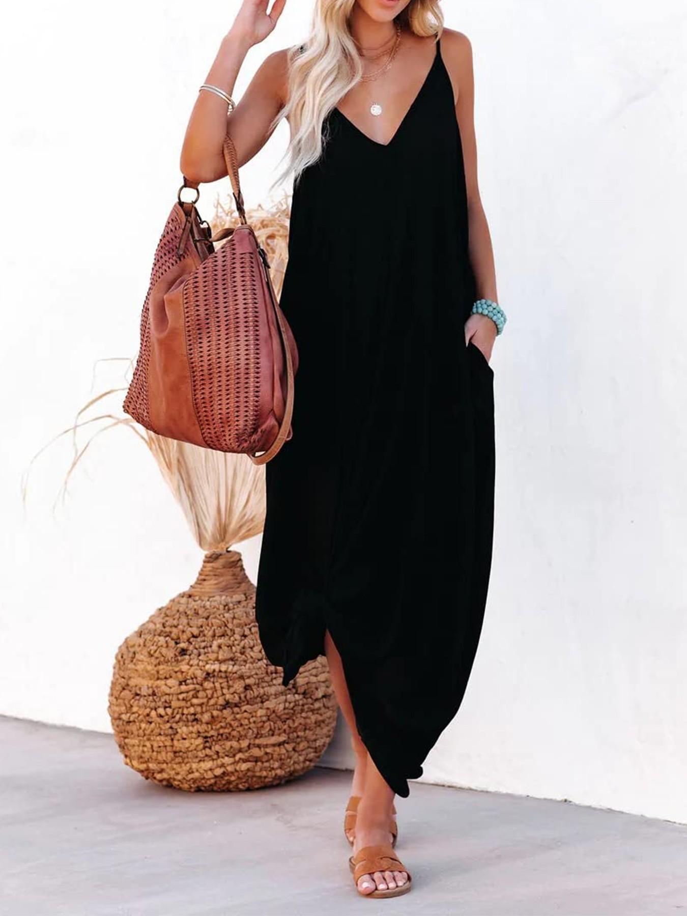 Women's Casual Minimalist Sleeveless Maxi Dress, Loose-Fitting Beachwear, Side Pockets Design, Perfect for Home & Outdoor Use
