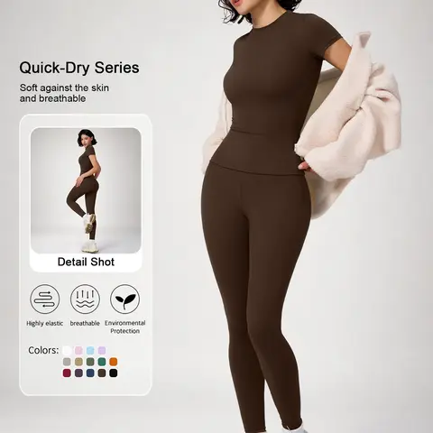 【Black Friday】Women's Solid Color Round Neck Tee & High-Waist Leggings Set, Sporty Comfy Breathable Quick-Dry Outfit for Yoga, Gym, Workout, Running and Cycling, Fitness Clothes, Activewear
