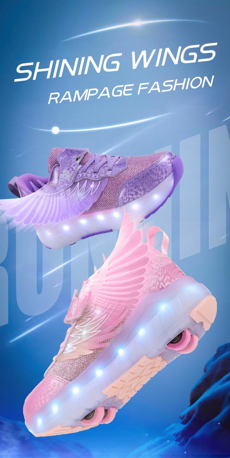 Girls' LED Light-Up Roller Skates, USB Rechargeable, Detachable Wheels, Breathable PU Leather, All-Season Casual Shoes, Shoes with Wheels