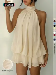 Women's Simple Solid Backless Halter One-Piece Jumpsuit, Elegant Ruffle Design, Perfect for Casual Wear, All Seasons Fashion