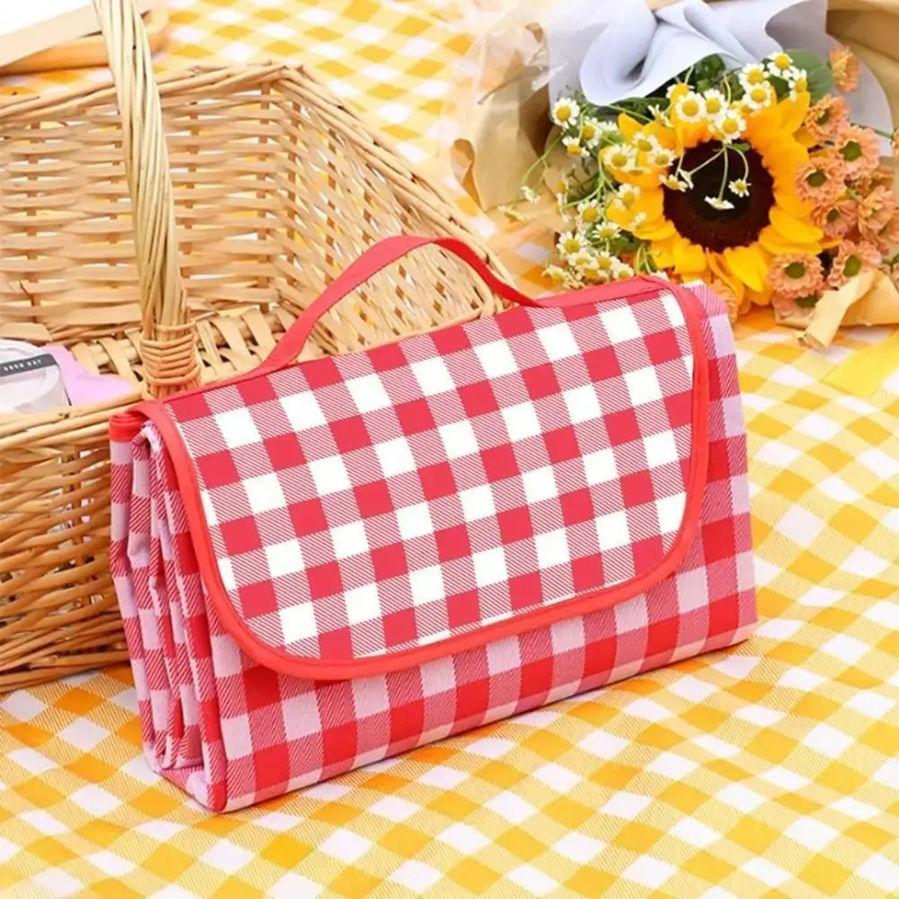 Extra Large Waterproof Sandproof Picnic Blanket, Foldable Plaid Outdoor Mat with PU Handle, Lightweight Portable Blanket for Beach Park Camping Trips