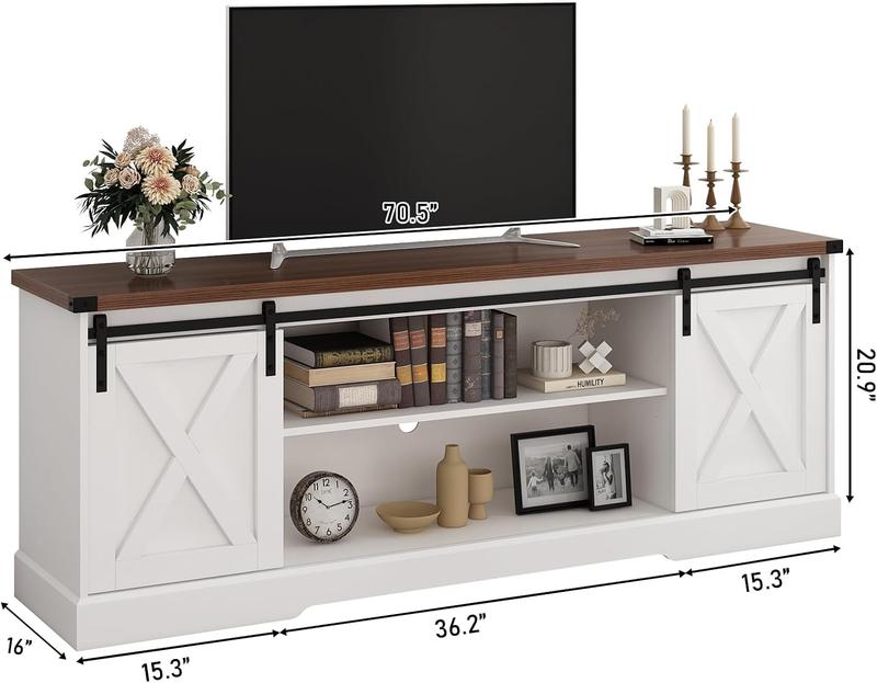 Farmhouse Fireplace TV Stand / Farmhouse TV Stand for 70/75/80 Inch TV, 70 inch Entertainment Center Storage Cabinets with 36”Electric Fireplace and Sliding Barn Doors, Media Console Cabinet for Living Room