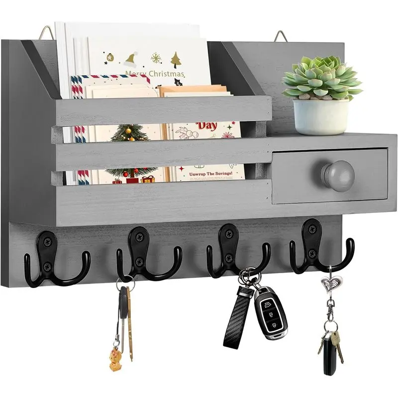 Gray Compact Durable Wooden Wall-Mount Key Holder with Mail Organizer, 8 Hooks, Fence Mail Slot, Small Drawer & Shelves, 2 Mounting Options, Hallway Decor for Entryway, Living Room