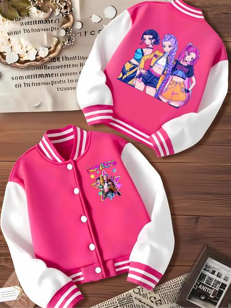 Girls Short Baseball Jacket Coat, Casual Sports School Uniform with Witch Design, Elastic Fabric, Youth Fashion Outerwear