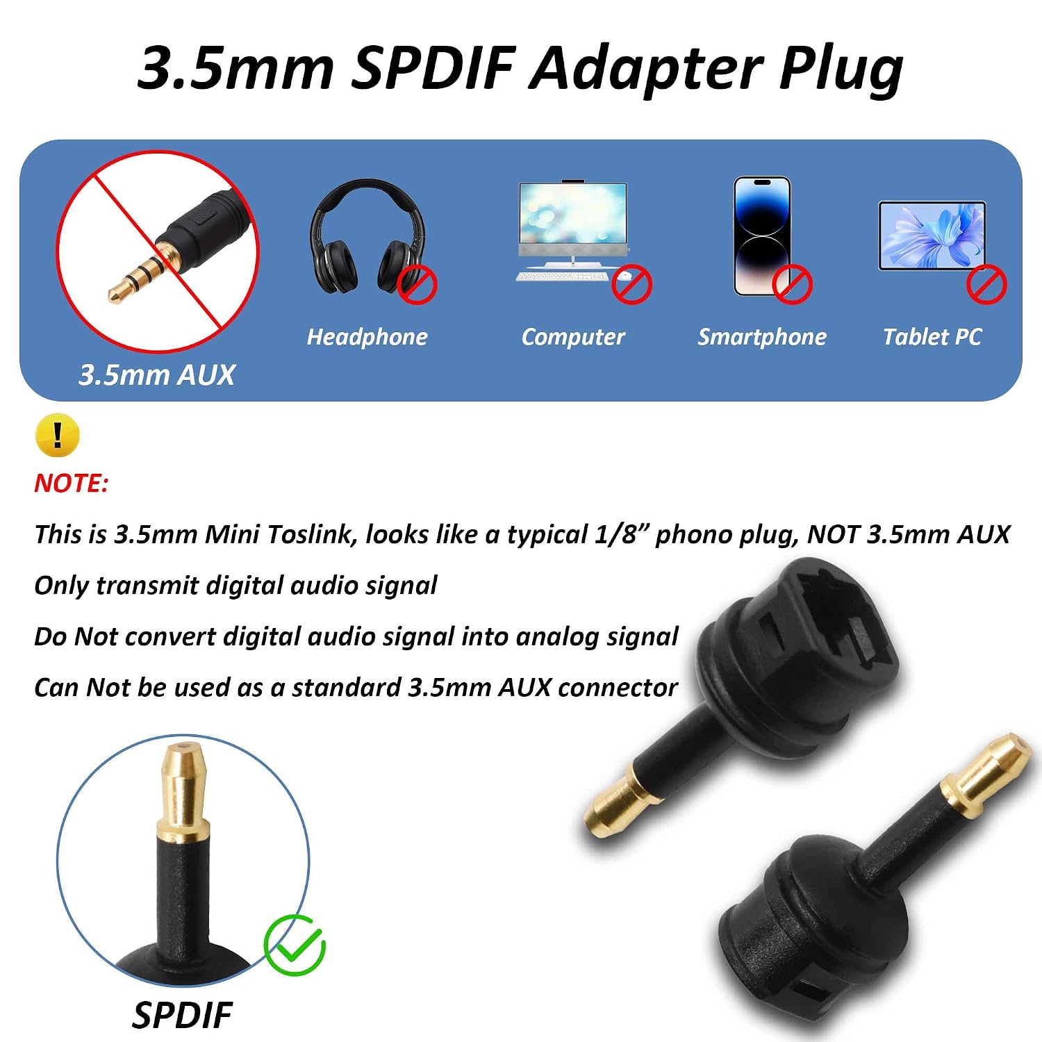 3.5mm Mini Toslink Adapter Digital Fiber Optic Audio Connector | Toslink Female to 3.5mm Mini Male Jack Converter,for Optical Audio  Laptop TV Sound Bar  Theater