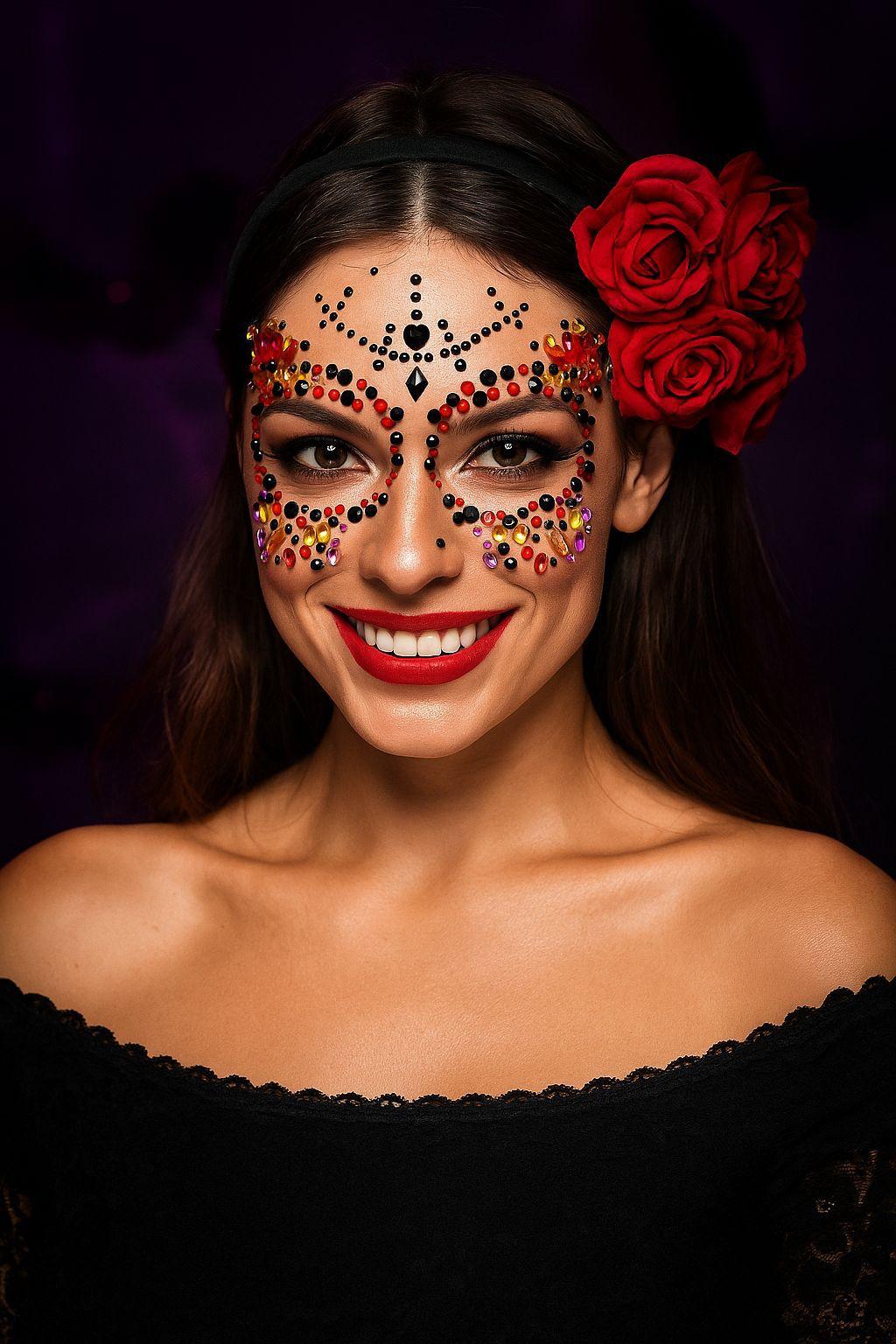 Halloween skull face rhinestone stickers, forehead rhinestones, stage makeup face rhinestone stickers, decorative makeup rhinestones, party face stickers