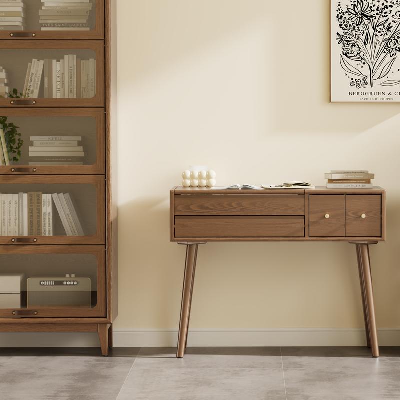 【Eco-Friendly】Elegant Handicraft Vanity, 100% Solid Wood - NO MDF, with Mirror and Lights, Dressing Vanity Table, Large Wooden Make Up Vanity Table for Bedroom (with Adapter)