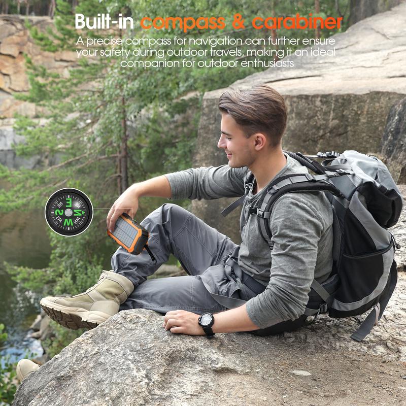 citicr Solar Charger Power Bank 40000mAh Built in 4 Cables and Hand Crank, Portable Charger 22.5W Fast Charger 6 Outputs & 2 Inputs External Battery Pack with Bright Flashlight and Compass，Level gauge